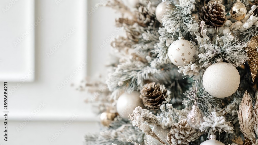 Obraz premium Snow-dusted Christmas tree with white and gold ornaments, pine cones and frosted branches. Concept Snow-dusted Christmas Tree, White and Gold Ornaments, Pine Cones, Frosted Branches