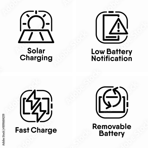 Solar Charging, Low Battery Notification, Fast Charge, Removable Battery vector information signs