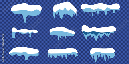Collection of cartoon snow caps and icicles in a simple, flat design. Set with various frozen snow and ice elements, perfect for decorating roofs, text, or frames for a winter theme
