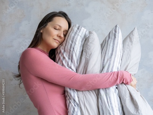 Wallpaper Mural woman holds pile of pillows in her hands. pillows are in different colors, look like stack. female is in a relaxed state. lady makes bed or changes bed linen. linen conditioner, healthy sleep. Torontodigital.ca