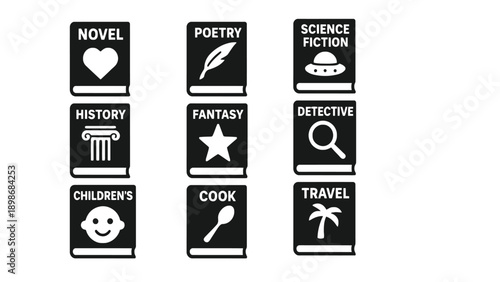 A collection of book genres with corresponding icons on a white background
