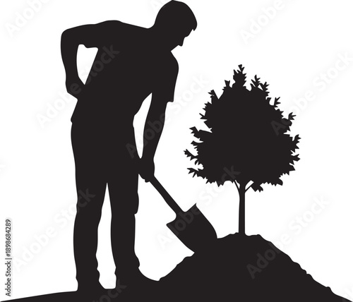 Man silhouette planting established tree with shovel in sunny countryside landscape illustration
