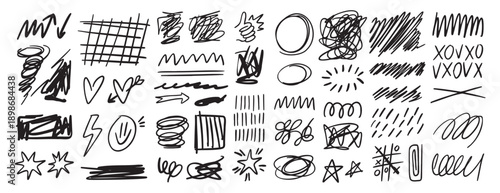 Scribble doodle hand drawn messy ink strokes set. Freehand lines and shapes. Hand drawn pencil curves and black marker swirl, pen sketch
