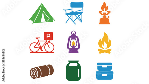 A colorful illustration of various camping and outdoor icons on a white background