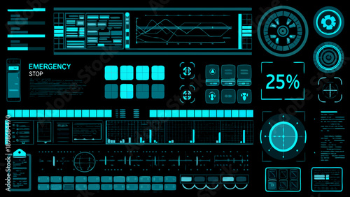Futuristic user interface with glowing teal elements and digital displays