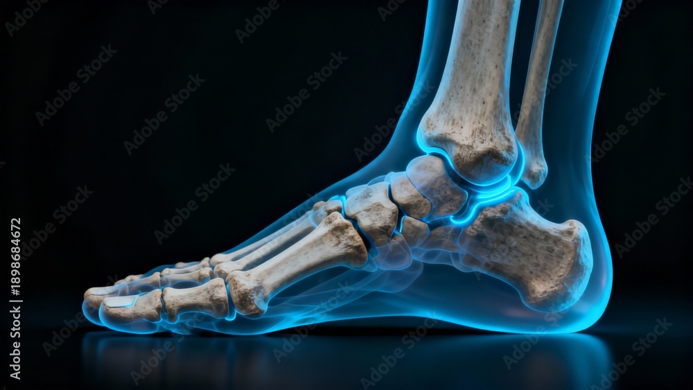 Naklejka premium Radiant Anatomical Visualization of the Human Ankle Joint Illustrating Bone Structure and Potential Areas of Concern in Orthopedic Health and Digital Medical Diagnostics.