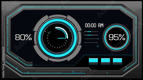 Futuristic interface displaying system status and percentage indicators