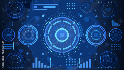 Abstract futuristic interface with glowing blue circles and data visualization