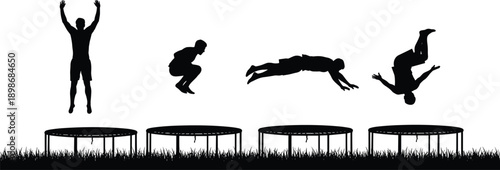 Vector, black, silhouette, illustration, set, of, people, jumping, and, flipping, on, trampolines, in, a, grassy, field, for, fitness, recreation, and, acrobatic, training, design