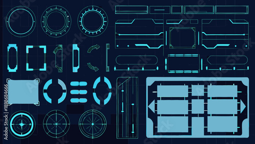 Blueprint of futuristic interface elements with geometric designs and glowing lines