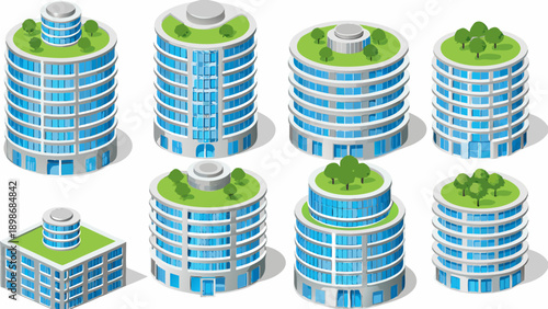 Futuristic eco friendly buildings with green roofs in a vector illustration