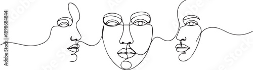 Minimalist line art depicting three interconnected female faces in profile