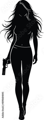Vector, black, silhouette, illustration, of, a, beautiful, woman, with, long, hair, walking, and, holding, a, handgun, for, action, adventure, movie, and, tactical, gaming, design