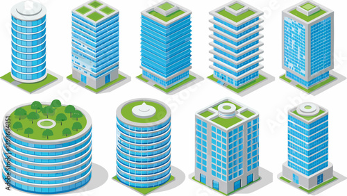 Isometric cityscape featuring modern skyscrapers and green roofed buildings