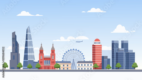 A flat vector illustration of the london skyline with iconic landmarks