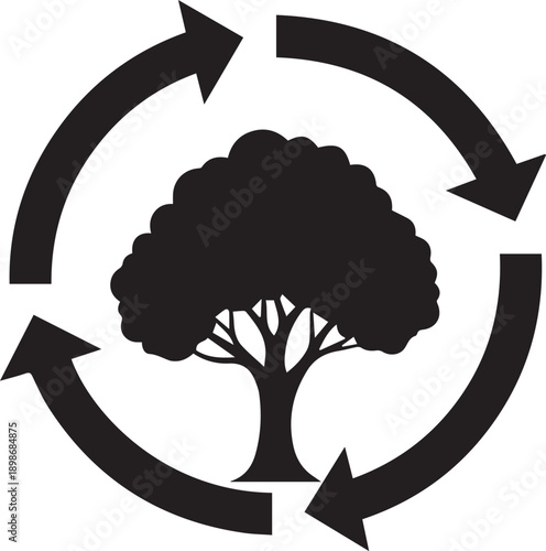 Recursive recycling symbol around tree vector silhouette illustration line art eco graphic
