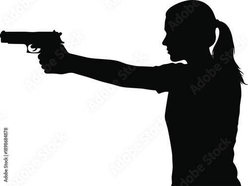 PrintVector, black, silhouette, illustration, of, a, woman, with, a, ponytail, aiming, a, handgun, for, self, defense, police, training, security, and, weapon, safety, design