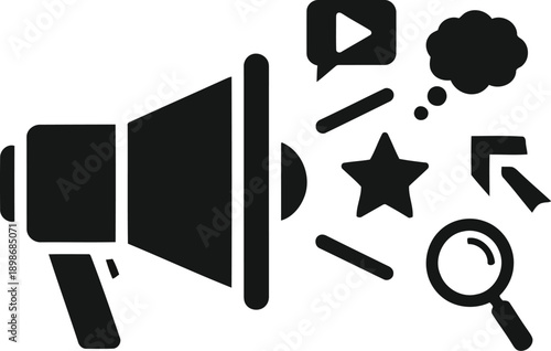 Megaphone with outgoing signals for promotion and marketing with star and play button