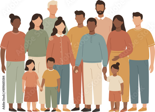 Diverse Group of People Standing Together Flat Vector Illustration, Inclusive Community People, People All Together Without Any Difference