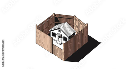 House Behind Wooden Fence: Security & Protection Concept. A symbolic depiction of privacy, security, or isolation in a minimalist style, isolated on transparent background.