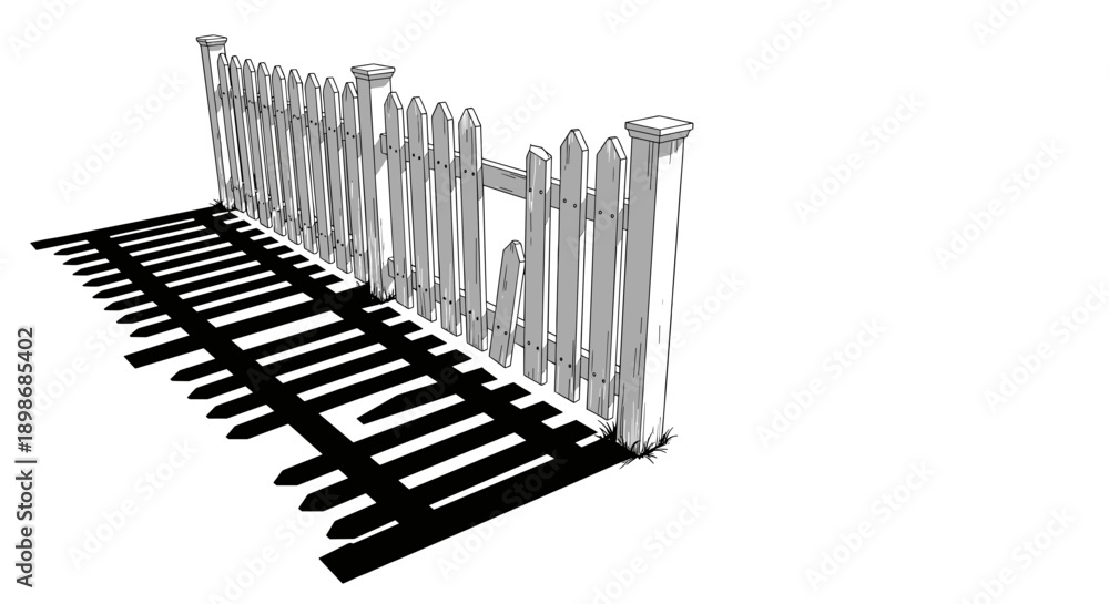 Obraz premium Damaged White Picket Fence - Symbol of Neglect, Repair Needed, Crisis Concept, Isolated on Transparent Background for Easy Editing, Lawn Shadow Graphic