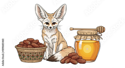 Cute Fennec Fox with Dates and Honey Jar, Desert Still Life - Vector Illustration isolated on transparent background. Sweet Treat, Exotic Pet, Culinary Theme.
