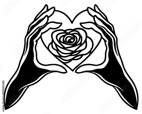Hands Forming Heart with Rose Black and White Silhouette Love Romance Art