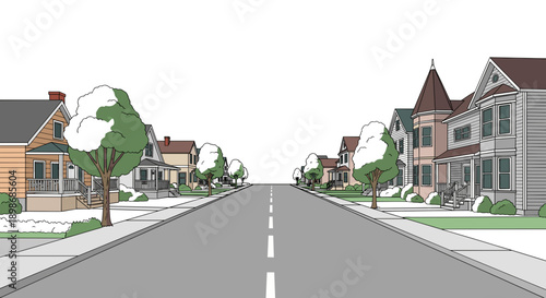 Cartoon Suburban Street: Row of American Dream Houses, Trees and Empty Road, Real Estate Concept, Residential Neighborhood, Vector Illustration isolated on transparent background.