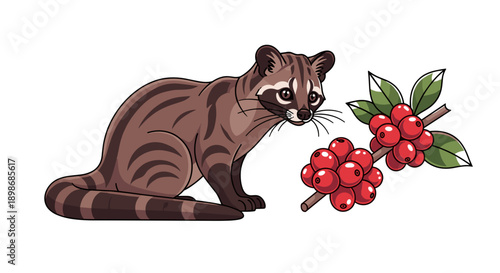 Vector Civet Cat Examining Coffee Cherries, Isolated on transparent background. Cute Kopi Luwak Animal Illustration for Coffee Production, Exotic Wildlife, Cafe Design.