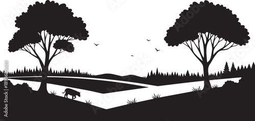 River valley landscape silhouette vector illustration with animal and flying birds in nature