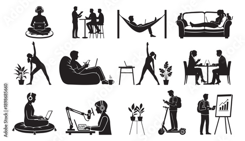 Modern lifestyle and flexible work environment vector silhouette concept collection set
