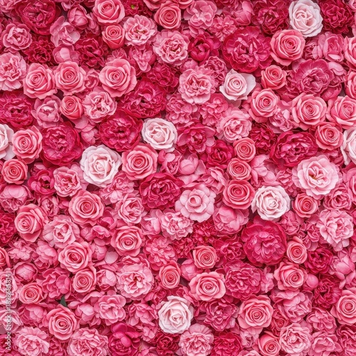 A stunning, seamless wall made entirely of various shades of pink blooming flowers, perfect for weddings or romantic designs, close up, elegance, aesthetic