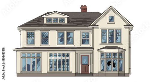 Abandoned House Illustration: Distressed Property with Broken Windows, Foreclosure Concept, Vector Graphic isolated on transparent background.