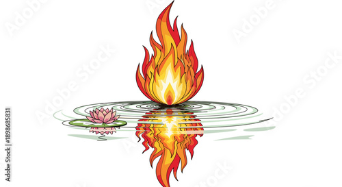 Fire Reflection on Water: Cartoon Flame, Lotus, Spiritual Symbolism, Isolated on transparent background, Vector Illustration for Meditation, Yoga and Relaxation Concepts