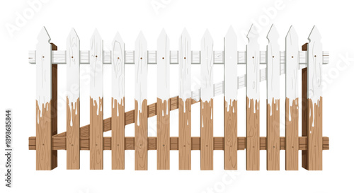 DIY Fence Painting Project: Fresh White Paint Dripping on Wooden Garden Fence, Home Improvement, Spring Cleaning, Isolated on transparent background. Vector Illustration.
