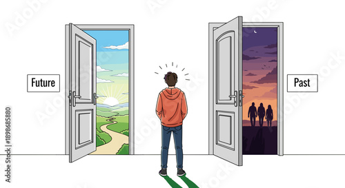 Crossroads Choice: Man Deciding Between Future and Past, Open Doors with Different Scenarios, Decision Making Concept isolated on transparent background. Vector Illustration.