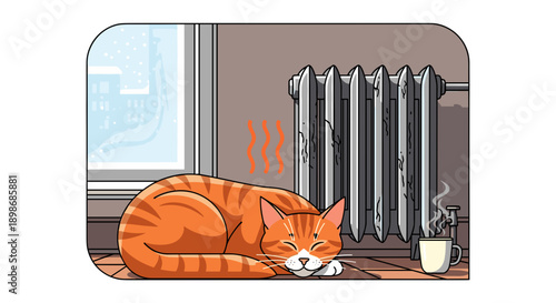 Cozy Cartoon Cat Sleeping by Radiator on Winter Day, Comfortable Home Scene, Isolated on transparent background. Vector Illustration for Warmth, Relaxation and Pets