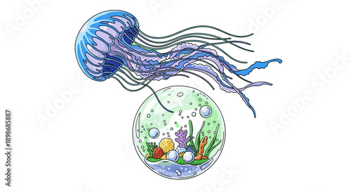 Dreamy Jellyfish Floating Above Ocean Terrarium, Cartoon Style. Marine Life, Underwater World. Artistic, Vector illustration isolated on transparent background.