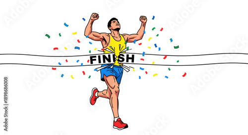 Winning Marathon Runner Crossing Finish Line with Confetti Burst, Celebratory Triumph - Isolated on transparent background for easy composite, achievement concept.