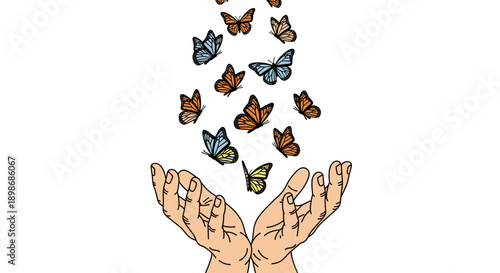 Butterfly Release from Hands: Hope, Freedom, Transformation - Vector Illustration of Colorful Butterflies Flying Upwards, isolated on transparent background for Design Elements