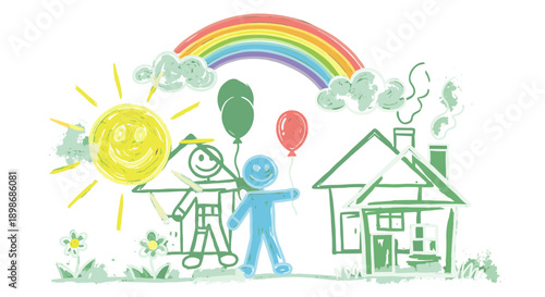Happy Chalk Drawing of Family, House, and Rainbow, Symbolizing Childhood Dreams and Happiness - Isolated on transparent background, vector design for posters and illustrations.