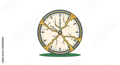 Conceptual Shattered Clock - Golden Kintsugi Time, Broken Promise - Abstract Vector Illustration isolated on transparent background for Deadline, Stress, Anxiety
