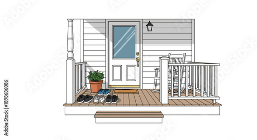 Front Porch Vector Illustration: Cozy Home Entrance with Rocking Chairs and Shoes, Welcoming Veranda Graphic isolated on transparent background.