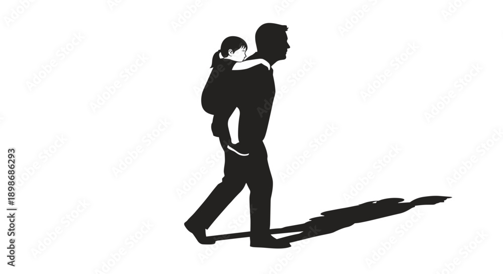Fototapeta premium Father Daughter Love, Silhouette Piggyback Ride. Daddy and Child Bonding, Isolated on transparent background. Vector Illustration for Family Values and Childhood.