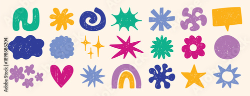 Funky cute shapes and figures crayon texture set. Brutal contemporary colorful retro star figures, flower, sun. Hand drawn primitive geometric elements.
