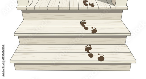 Muddy Footprints on Wooden Steps Vector Illustration: Footsteps Leading Upwards, Messy Trail, Isolated on transparent background. Symbol of Progress, Challenges.