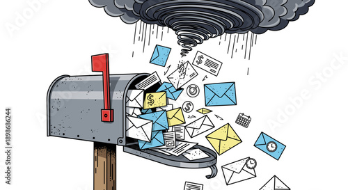 Overwhelmed Mailbox Under Storm Cloud: Financial Stress, Bills, and Paperwork Overflow Illustration, Isolated on transparent background. Cartoon Style, Vector Concept.