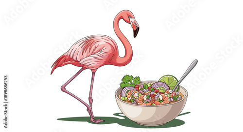 Whimsical Pink Flamingo Enjoying Fresh Ceviche: Summer Food, Seafood Delight Illustration isolated on transparent background for Menus and Restaurant Graphics