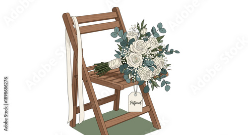 Wedding Bouquet on Chair with Postponed Tag - Sad Ceremony Concept, Event Cancellation, Vector Illustration Isolated on Transparent Background.