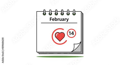 Valentine's Day Calendar Icon, February 14th Date with Heart Symbol, Romantic Reminder for Love and Relationships isolated on transparent background.